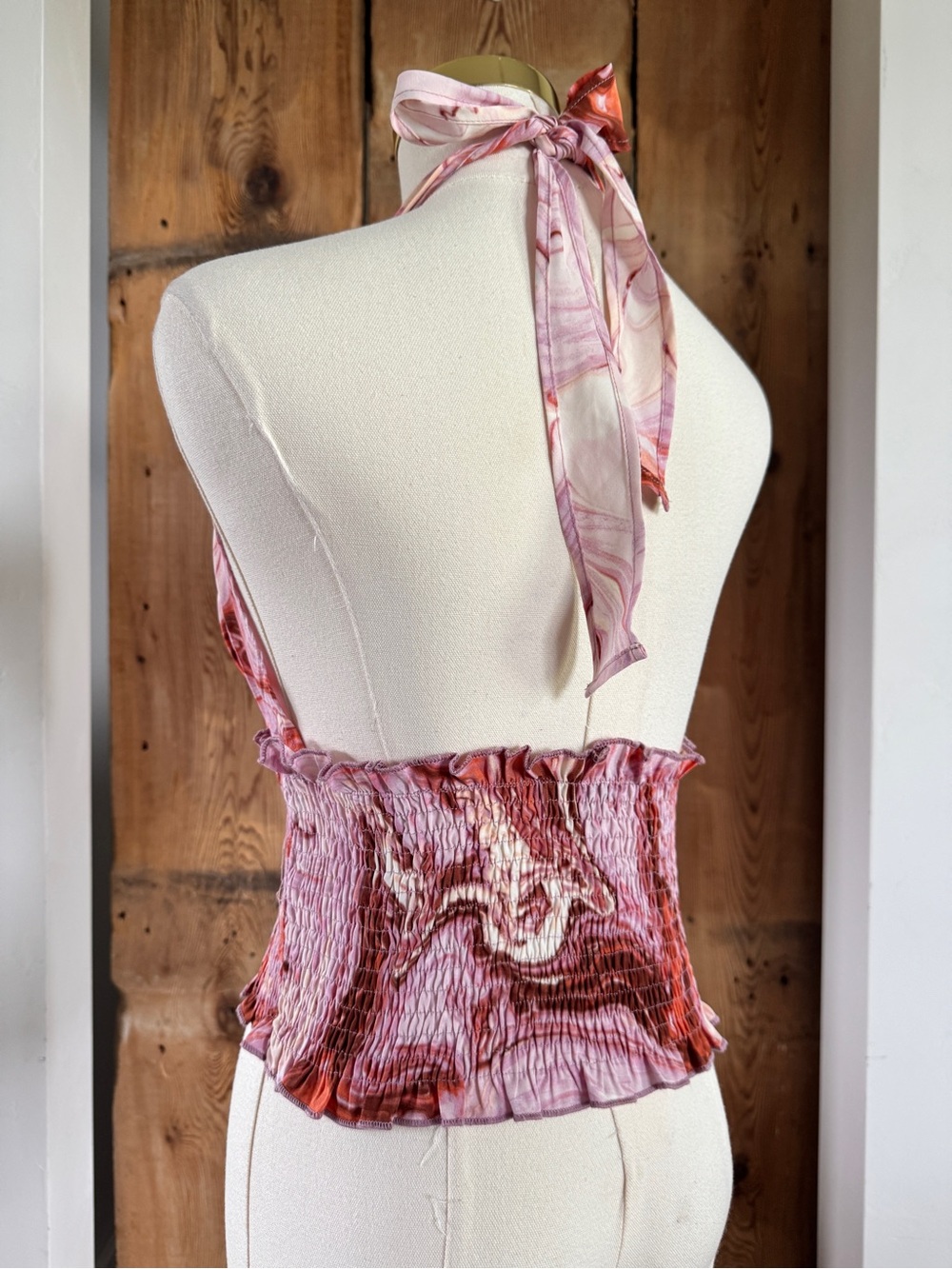 Sz S Sweet Rain Pink & Red Smocked Marbled Cropped Halter Neck Top EUC - Picture 3 of 4